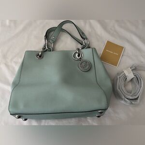 Michael Kors Cynthia Mint Green Saffiano Satchel with Silver Chain Handles NWOT